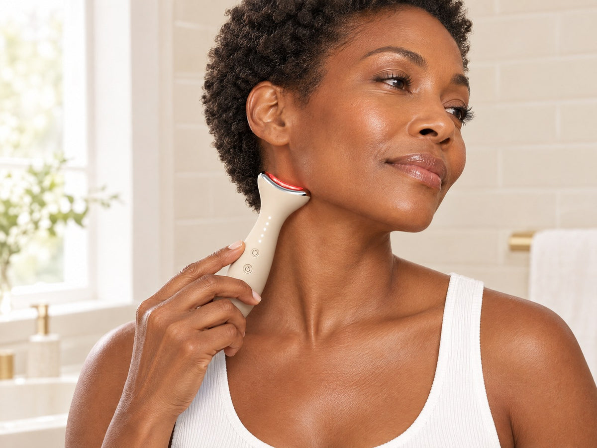A woman with deep brown skin gliding Loomi Glide up the side of her neck.