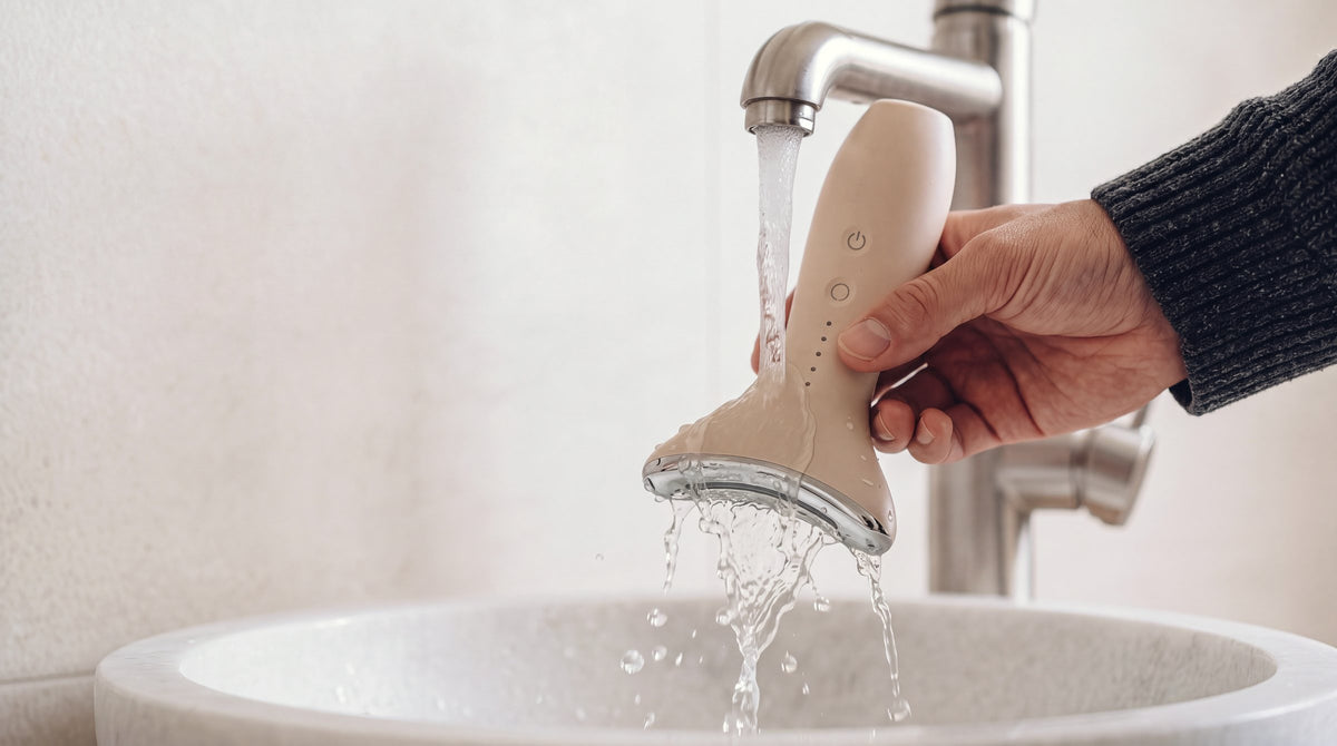 A hand rinsing the metal head of Loomi Glide under a steel tap over a white stone basin.