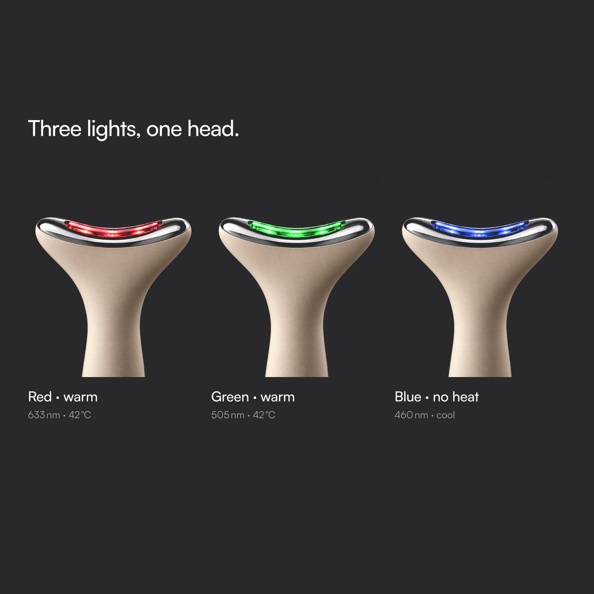 The metal head lit in its three modes: red with warmth, green with warmth, blue with no heat.