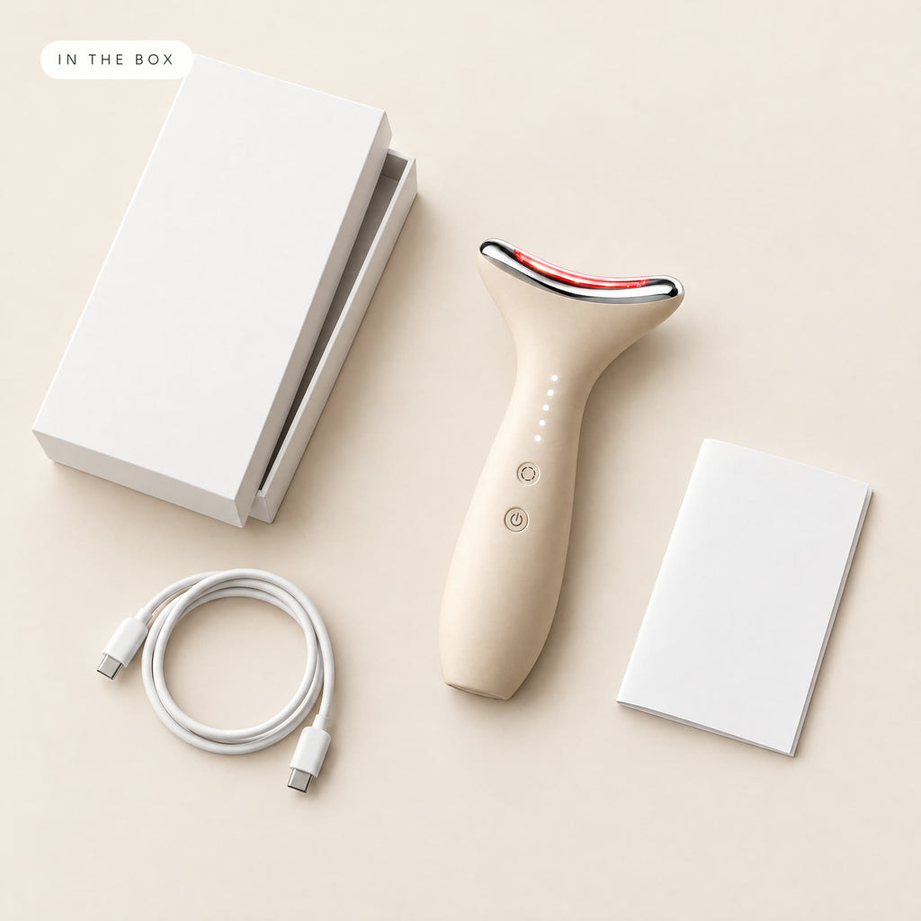 Flat lay of what is in the box: Loomi Glide, a USB‑C cable, the user manual and the white gift box.
