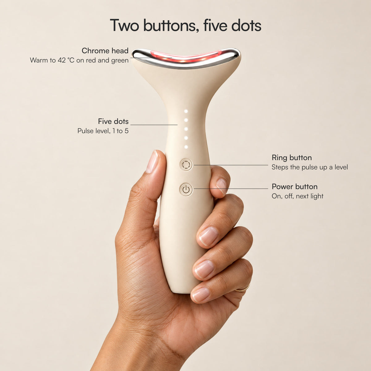 A hand holding Loomi Glide upright with callouts: chrome head, five level dots, ring button, power button.