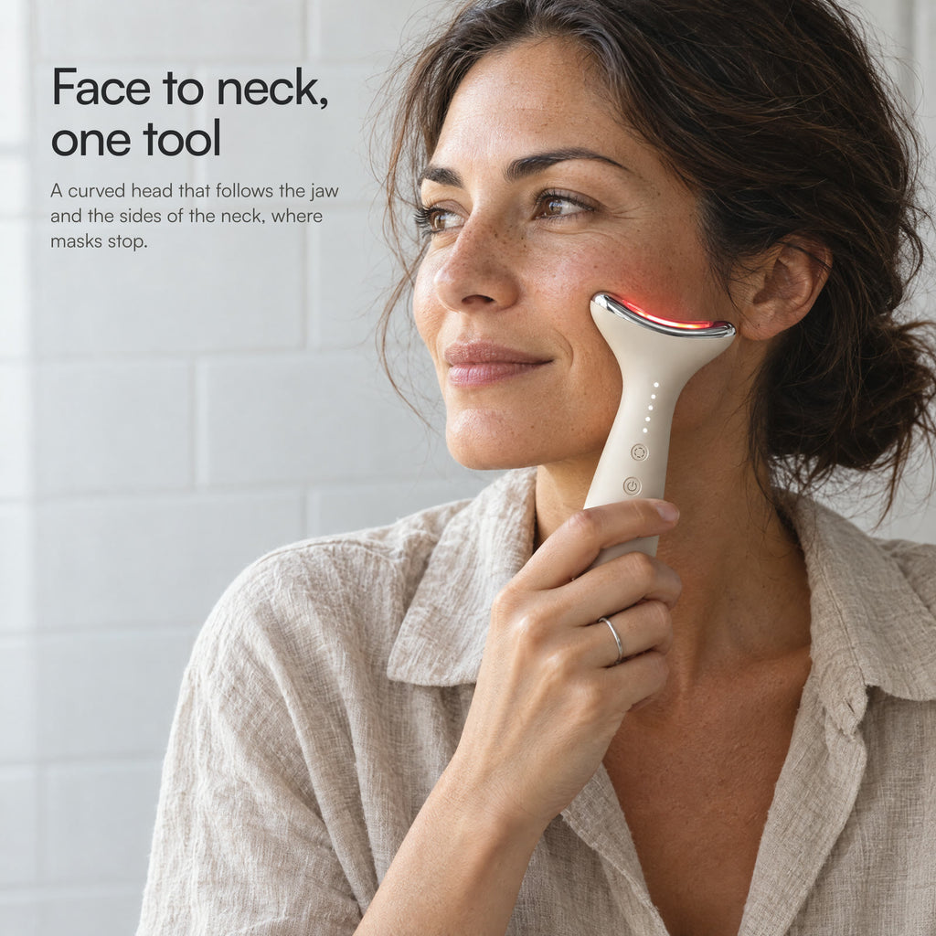 A woman holding Loomi Glide against her cheekbone in a daylit bathroom: face to neck, one tool.