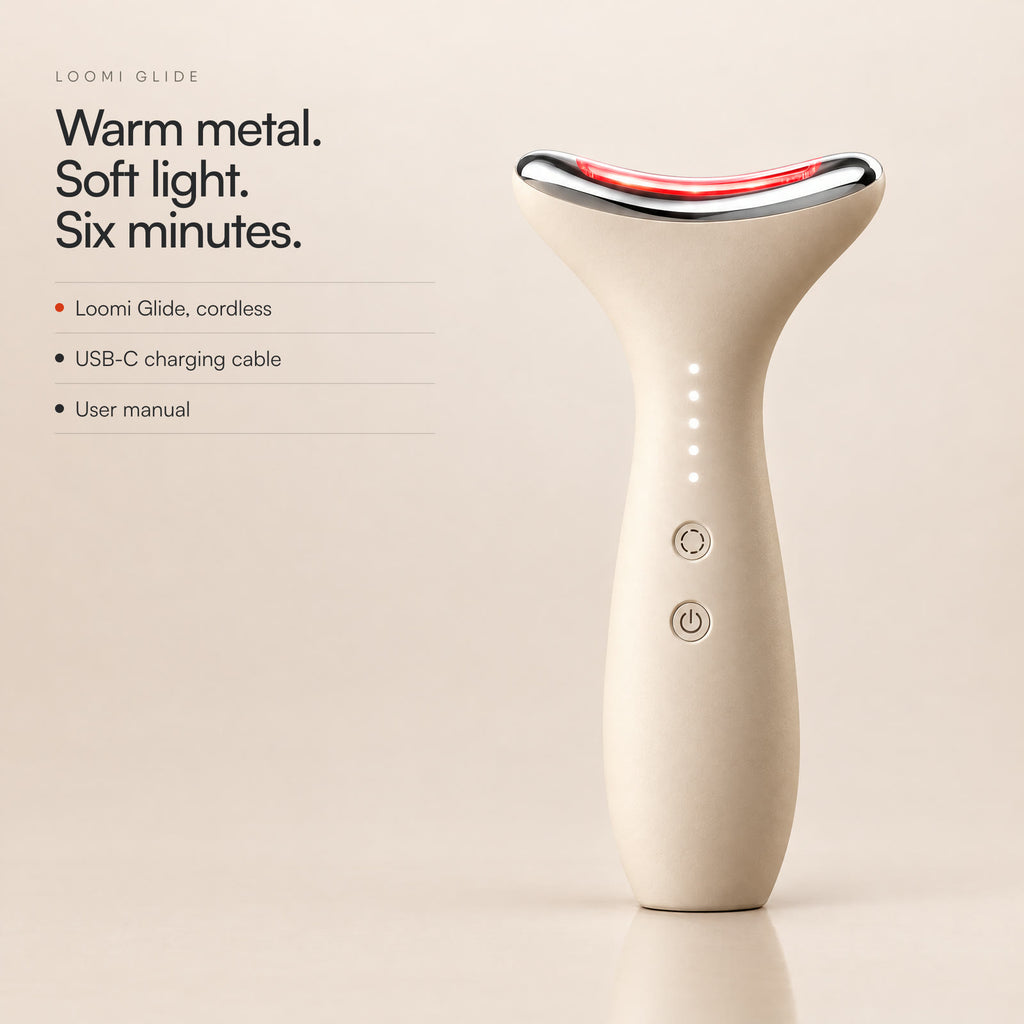 Loomi Glide standing upright on a beige backdrop: warm metal, soft light, six minutes; in the box, the device, a USB‑C cable and the manual; 30-day returns.