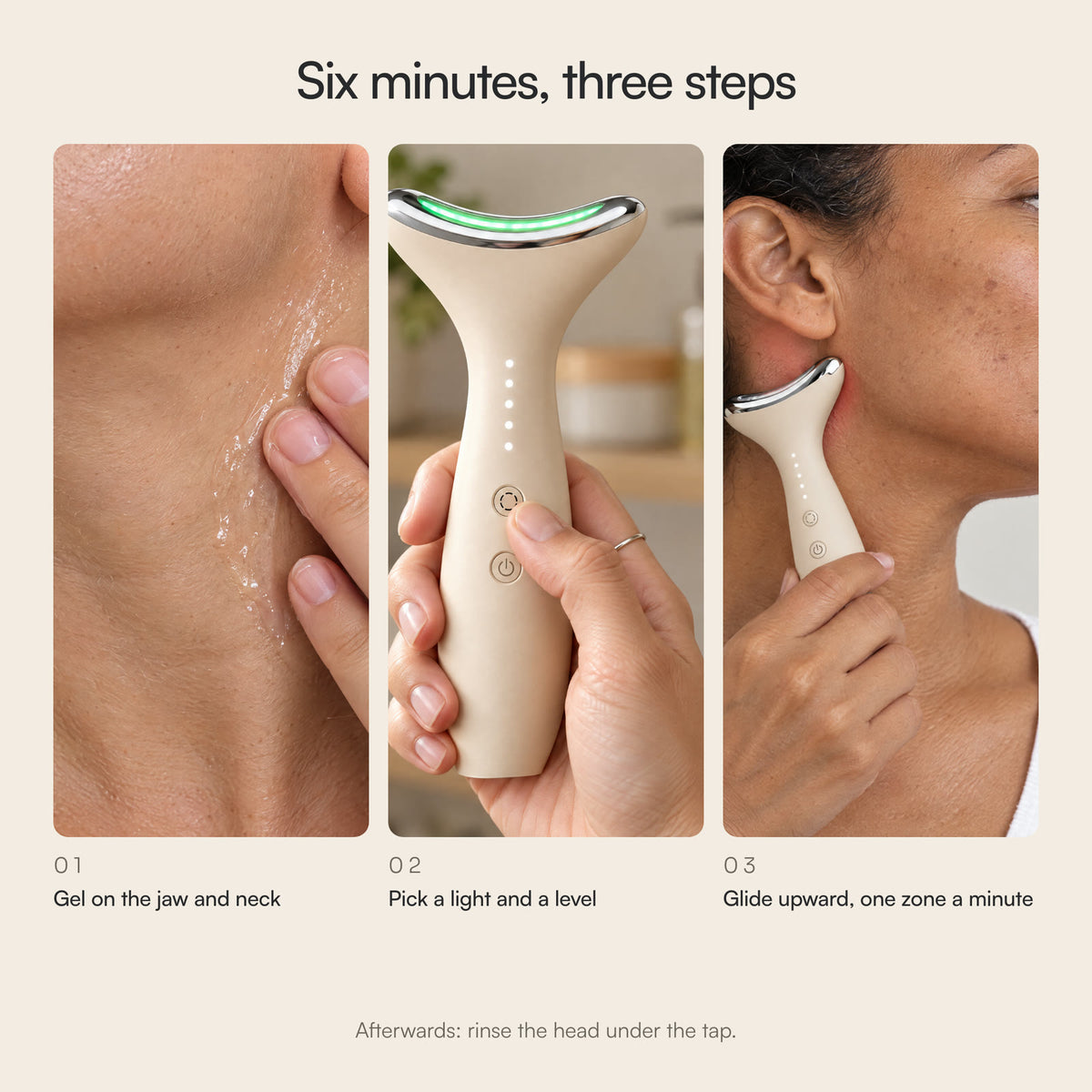 Three steps: gel on the jaw and neck, pick a light and a level, glide upward one zone a minute. Afterwards, rinse the head under the tap.