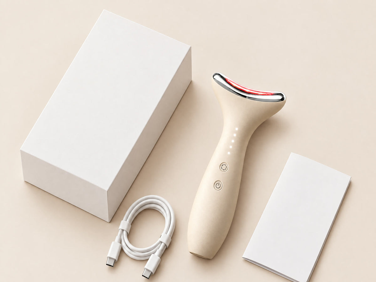 Loomi Glide standing beside its white box, a coiled USB‑C cable and the user manual.