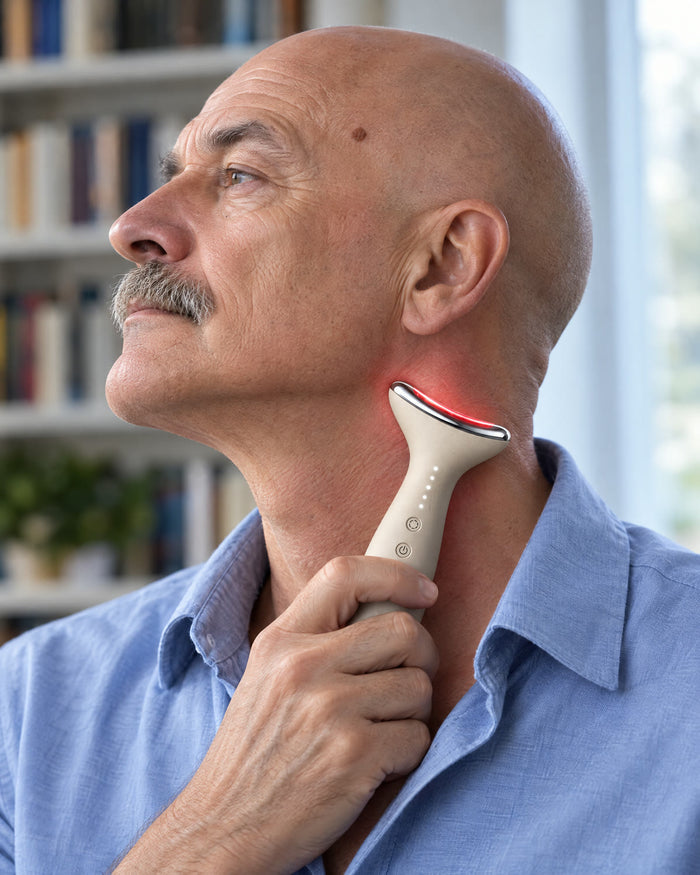 A bald man in profile gliding Loomi Glide along the side of his neck, red light on.