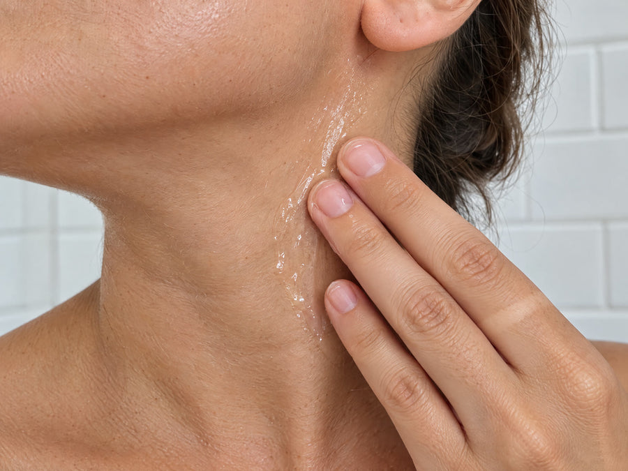 A finger spreading clear gel along the jaw and the side of the neck.