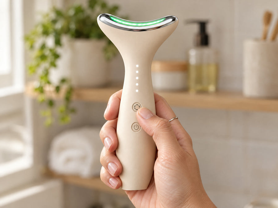 Hands holding Loomi Glide, a thumb on the power button, the head lit green.