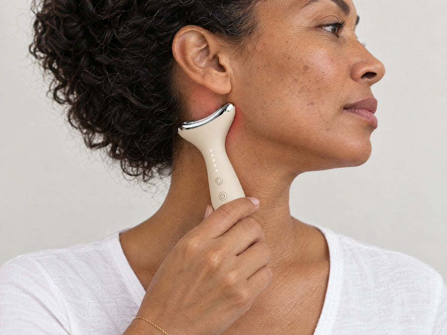 A woman gliding Loomi Glide up the side of her neck, eyes closed.